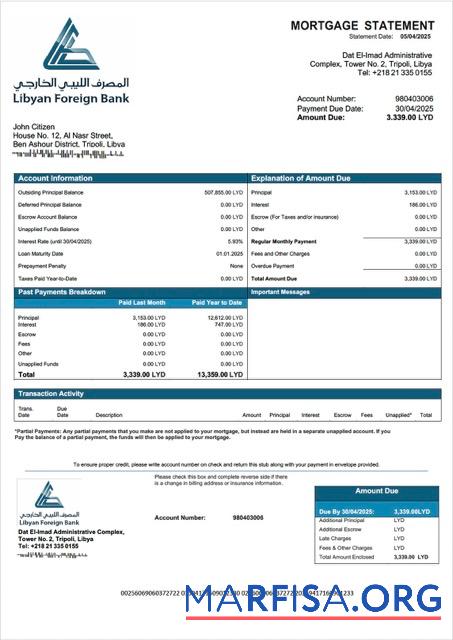 Printable Libyan Foreign Bank mortgage statement Word and PDF template